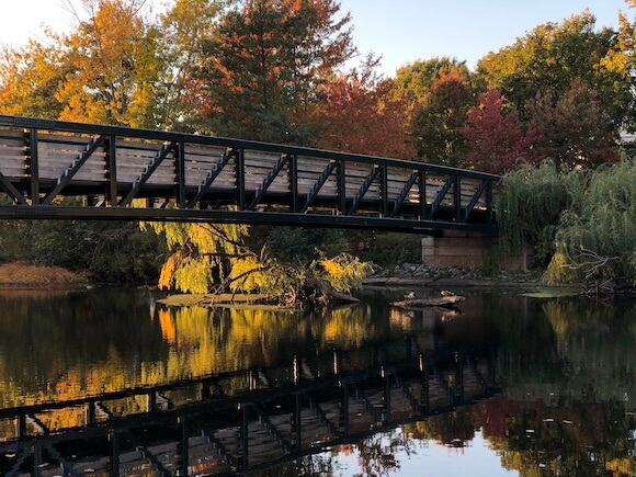 Hiking over bridge in Boston