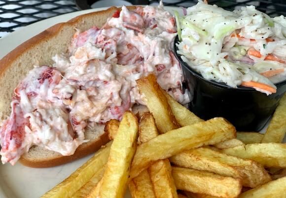 Lobster roll, french fries and coleslaw