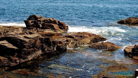 rocky shoreline with waves in Maine
