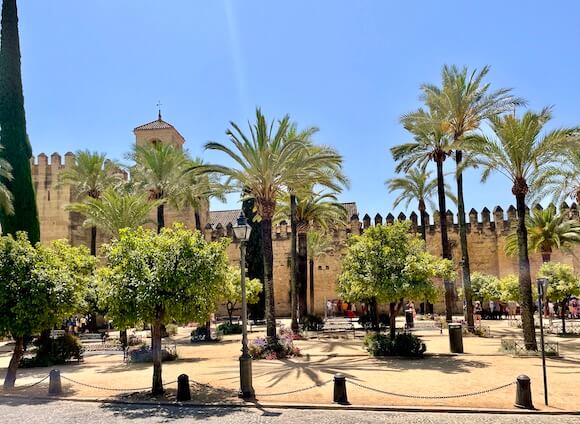 Palm trees and palace in Cordoba, Spain