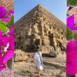 woman walking in front of Grand Pyramid with bougainvillea on each side